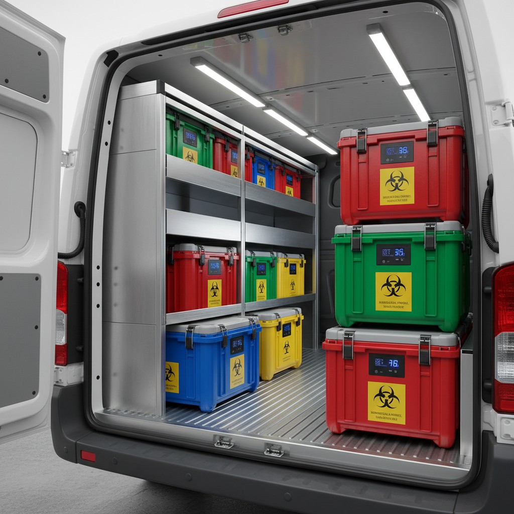 The image shows a temperature-controlled van equipped with several containers for the secure storage of medical waste. The...