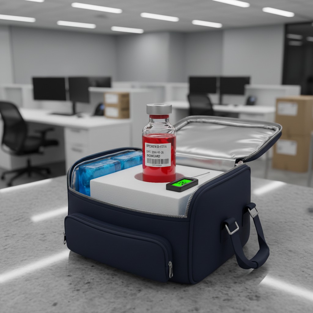 A refrigerated lunch bag with a biomedical container and liquid inside sitting on a table in an office.