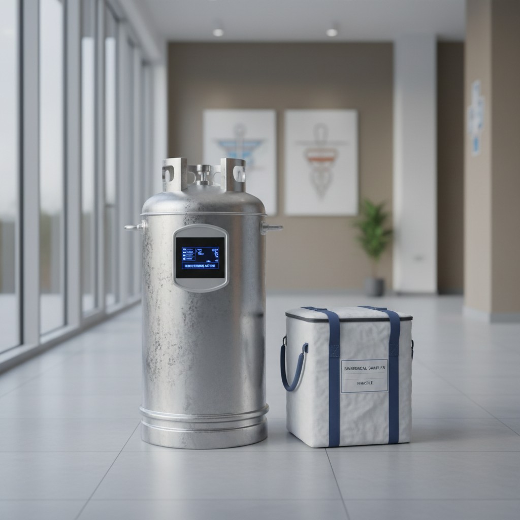 Diagram of a biobank storage container and collection kit in a laboratory setting.